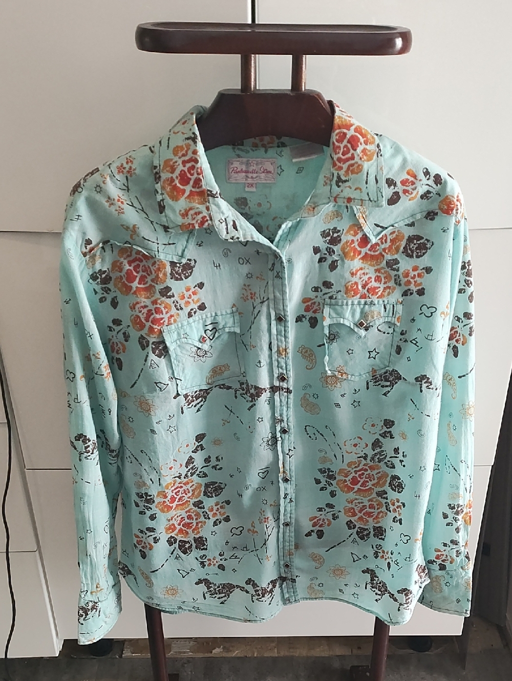 Panhandle Slim Mint Shirt with Coral and Brown Print ~vintage P2P 25inch
